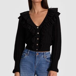 Alice and Olivia Eileen Black Ruffle Eyelet Sweater Cardigan